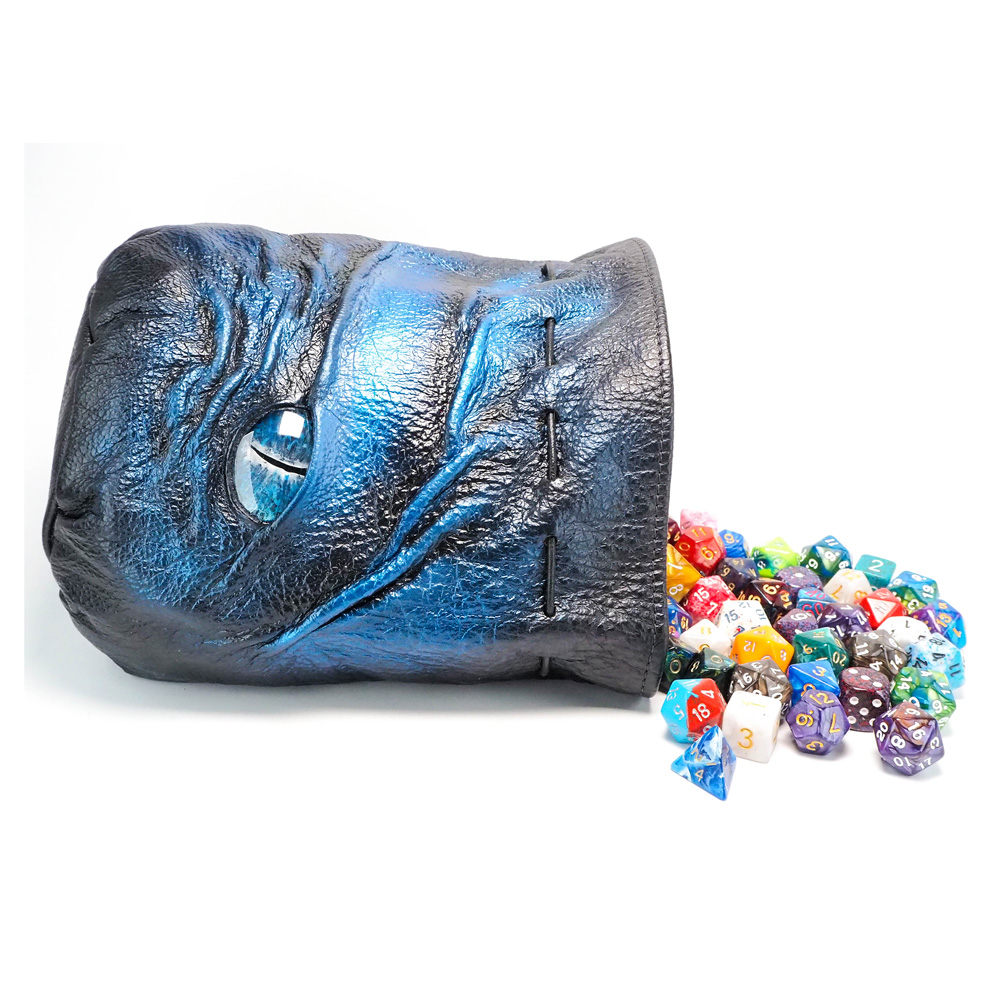 Handmade Leather Light Blue and Silver Leather Dragon Eye Dice Bag - Image 4