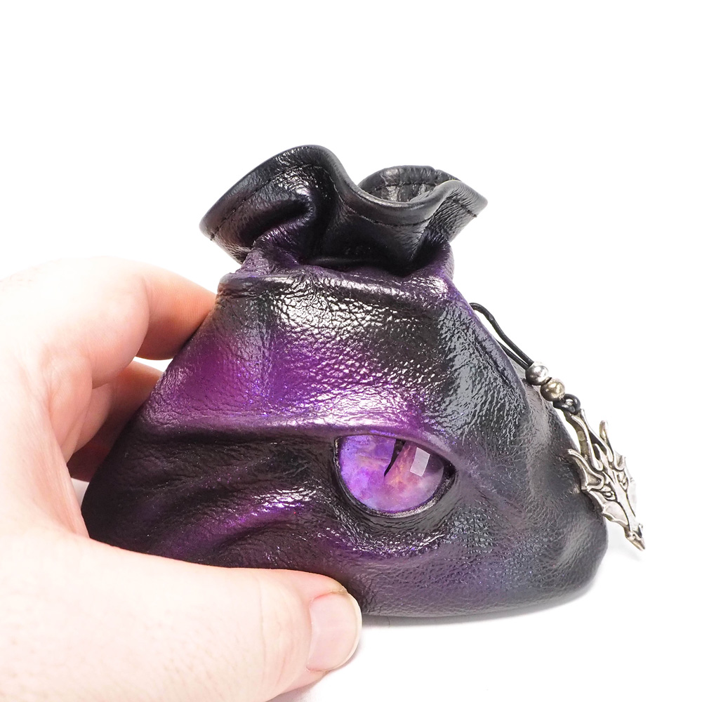 Handmade Leather Purple and Gold Dragon Eye Dice Bag - Image 5