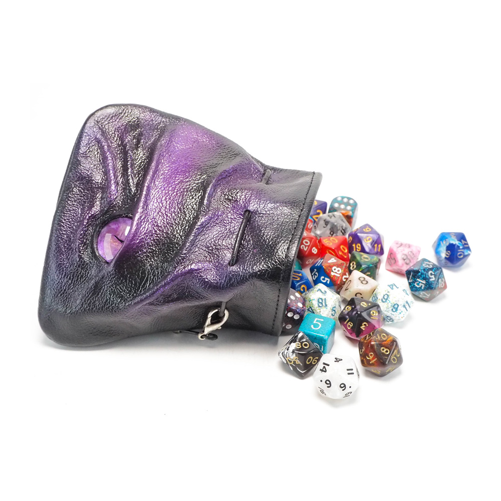 Handmade Leather Purple and Gold Dragon Eye Dice Bag - Image 7