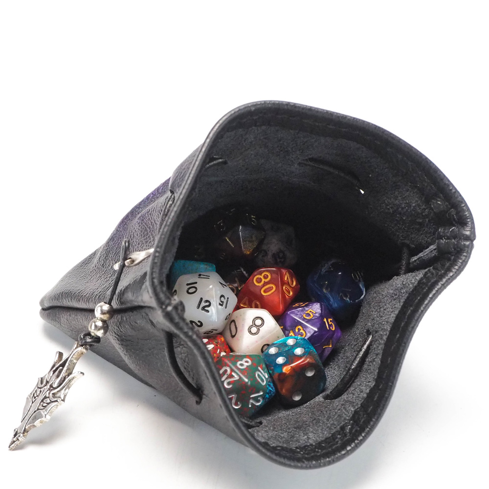 Handmade Leather Purple and Gold Dragon Eye Dice Bag - Image 6
