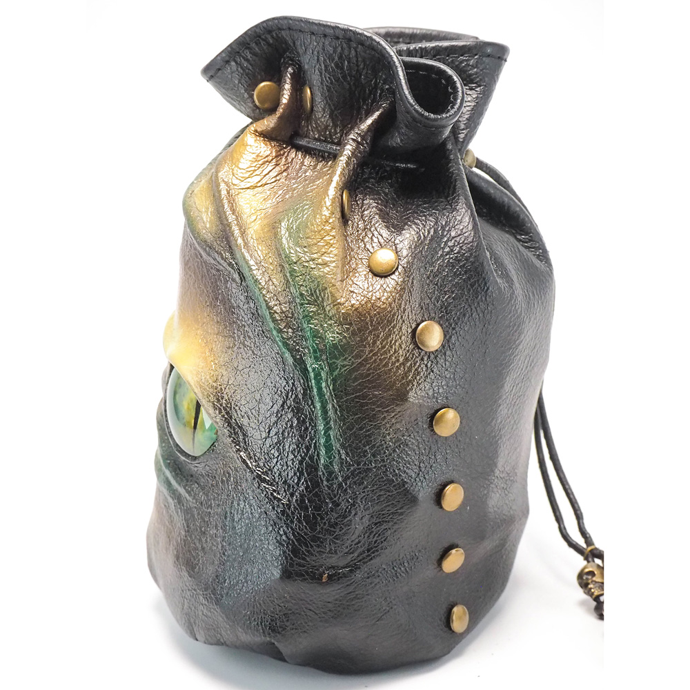 Handmade Leather Green, Gold, and Yellow Dragon Eye Dice Bag - Image 4