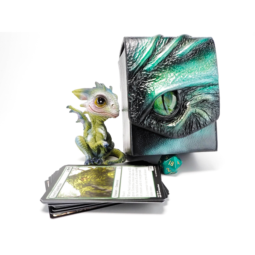 black leather dragon eye deck box in shades of green