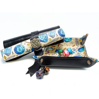 leather collapsible dice tray rolled up and in tray form