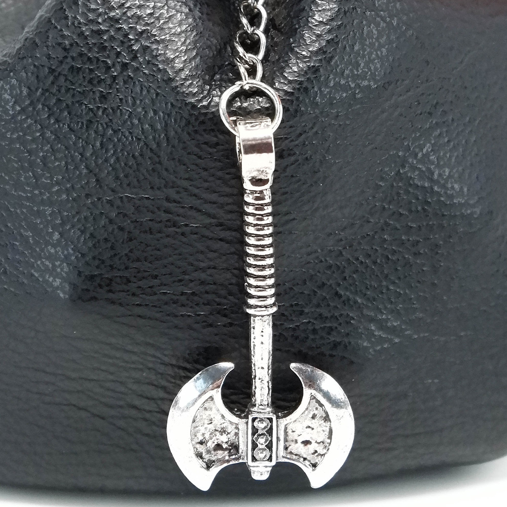 Black Leather Dice Bag with Silver Battleaxe Charm - Image 2